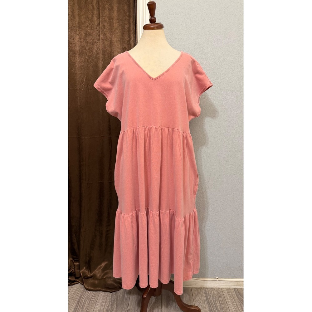 Lagenlook 100% Cotton Midi Dress Size 1X 16W-18W Pink Tiered V-Neck Pockets Boho